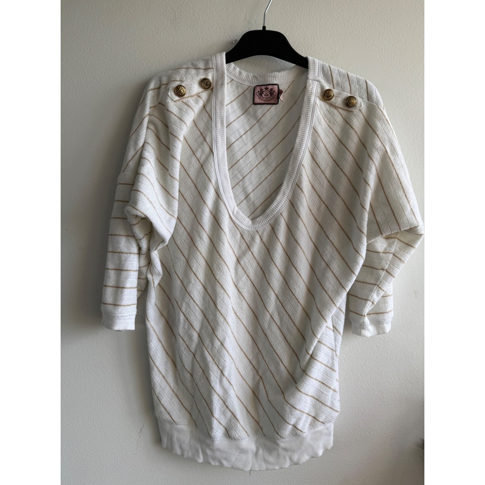 Vintage Juicy Couture Women White Gold Metallic Striped Scoop Neck Dolman Top S